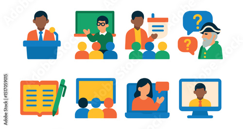 Flat vector icons of lectures and historical talks: speaker at podium, university lecture, seminar icon, historical Q&A, guest historian icon, lecture notes, academic audience, virtual class.