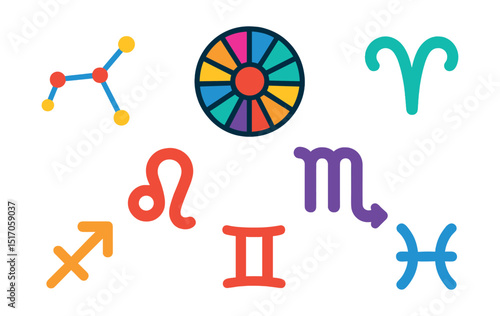 Flat vector icons of constellations and zodiac: constellation pattern, zodiac wheel, Aries symbol, Leo symbol, Scorpio symbol, Sagittarius symbol, Gemini symbol, Pisces symbol.