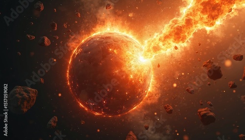 Planet explosion. Nuclear blast atomic bomb impact. Devastating fire. Cataclysmic end of world scenario with cosmic rocks, hot explosion, end of humankind. Apocalypse, war, disaster concept.