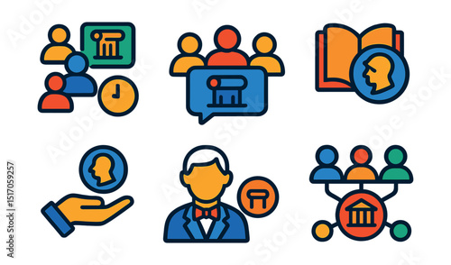 Flat vector icons of historical communities and networks: online history group, shared timeline, forum discussion, history club icon, user contributions, historian avatar, archive community, heritage
