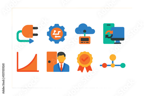Flat vector icons of IoT integration and adoption: plug & play icon, API integration gear, legacy system connection, cross-platform sync, adoption curve chart, enterprise onboarding, compatibility