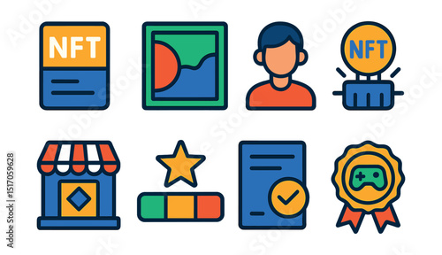 Flat vector icons of NFTs and collectibles: NFT card, digital artwork, avatar profile, minting icon, NFT marketplace, rarity scale, ownership certificate, collectible badge.
