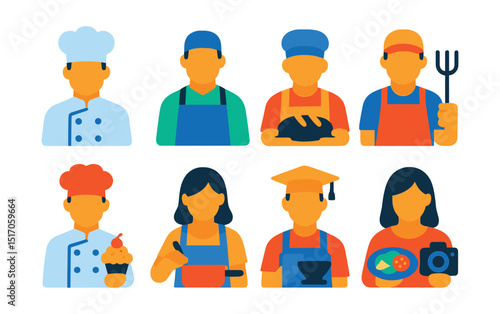 Flat vector icons of chefs and cooking roles: chef with hat, sous-chef, baker, grill master, pastry chef, home cook, cooking student, food stylist.