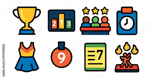 Flat vector icons of dance competitions: trophy icon, ranking board, judge panel, time slot card, competitive costume, entry number badge, score sheet, stage heat icon.