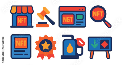 Flat vector icons of NFT marketplaces and auctions: NFT store icon, auction hammer, bidding screen, marketplace search, listing card icon, top collection badge, gas fee icon, recent sale board.