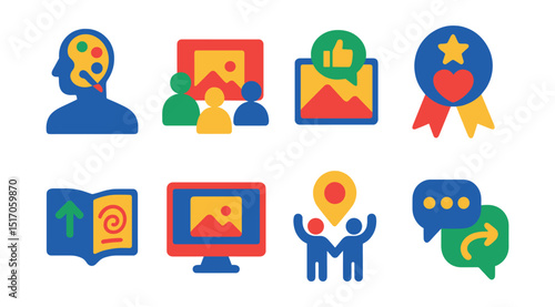Flat vector icons of creative communities: artist profile, group critique, art feedback, community badge, shared sketchbook, online gallery, event meet-up, support thread.