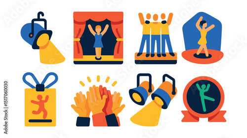 Flat vector icons of dance performances and showcases: stage spotlight, curtain call, group formation, solo on stage, backstage pass, audience applause, theatrical lights, performance badge.
