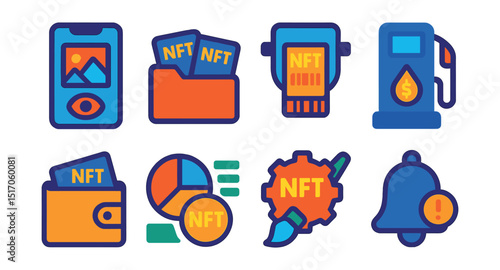 Flat vector icons of NFT apps and tools: NFT viewer app, collection manager, token scanner, gas fee calculator, wallet integration tool, portfolio tracker, minting assistant, alert setup icon.