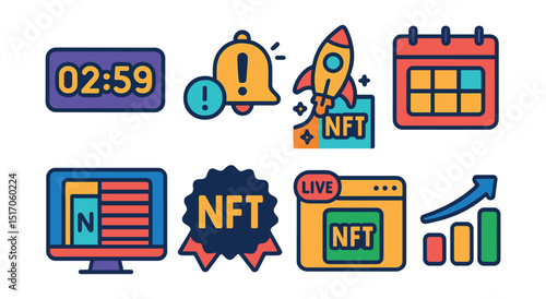 Flat vector icons of NFT drops and launches: countdown timer, launch alert icon, minting event, NFT release calendar, reveal animation, blind mint badge, live mint window, hype bar icon.