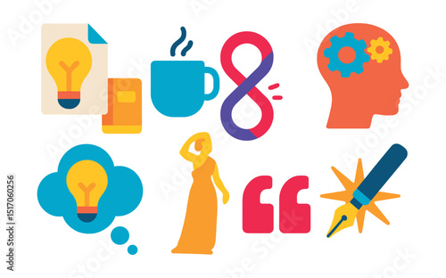 Flat vector icons of inspiration and creativity: lightbulb with paper, coffee cup next to notebook, creative flow icon, brain with gears, idea cloud, muse figure, quote mark symbol, starburst around