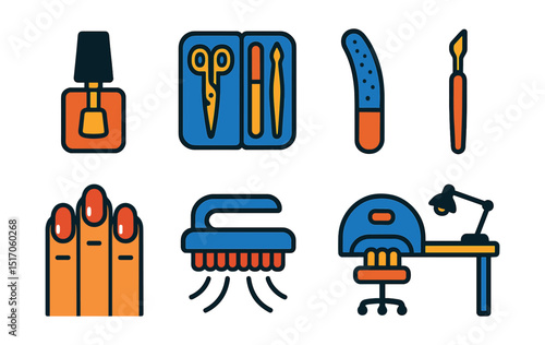 Flat vector icons of nail art and manicure: nail polish bottle, manicure set, nail file, cuticle pusher, painted nails, nail brush, nail dryer, salon table.