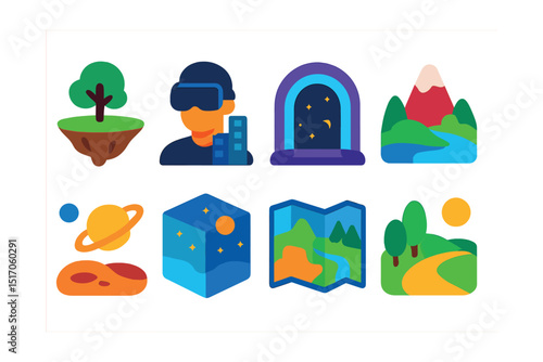 Flat vector icons of metaverse virtual worlds: floating island, VR cityscape, portal gateway, fantasy terrain, sci-fi environment, digital skybox, open world map, immersive landscape.