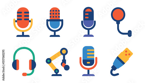 Flat vector icons of podcast microphones and audio gear: condenser mic, dynamic mic, mic on stand, pop filter, headset mic, podcast boom arm, USB mic icon, XLR connector.
