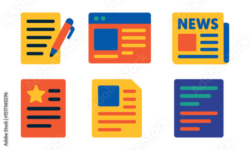 Flat vector icons of articles and reports: document with pen, online article icon, news column, report draft, featured story file, article summary, editorial page, written content icon.