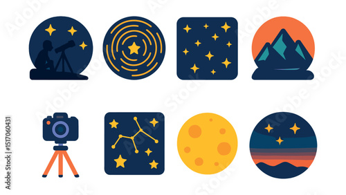 Flat vector icons of night sky observation: stargazer, star trail, night sky with stars, mountain silhouette, tripod camera, constellations overlay, full moon, twilight sky.