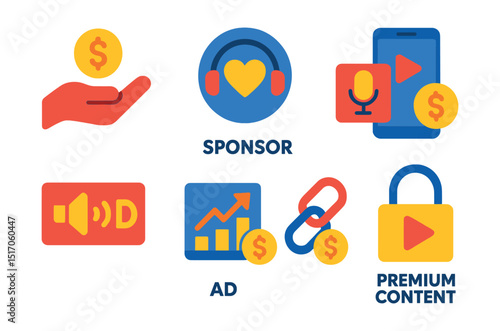 Flat vector icons of podcast monetization and revenue: donation icon, listener support badge, sponsor tag, paid subscription, ad break symbol, monetization chart, affiliate link icon, premium content