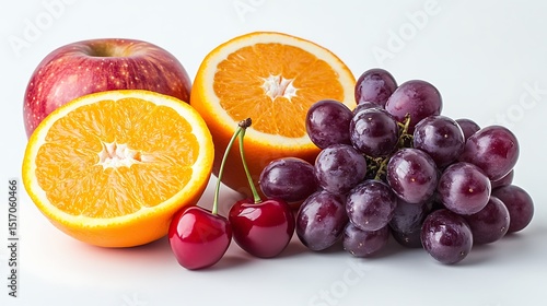 Fototapeta Naklejka Na Ścianę i Meble -  Fresh assortment of fruits including an apple, orange halves, grapes, and cherries on a white background
