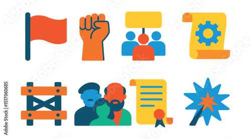 Flat vector icons of revolutions and uprisings: revolution flag, raised fist, protest crowd, reform scroll, barricade icon, leaders of change, declaration document, revolutionary spark.
