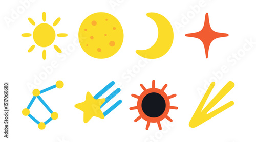 Flat vector icons of celestial nature: sun icon, full moon, crescent moon, shining star, constellation symbol, shooting star, eclipse icon, sunbeam.