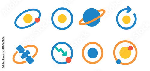 Flat vector icons of orbits and motion: elliptical orbit, circular orbit, planetary rings, orbital path arrow, satellite orbit, orbit decay, geocentric orbit, heliocentric model.
