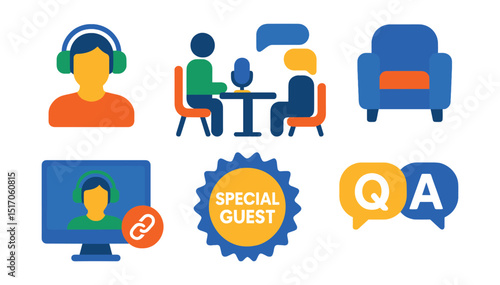 Flat vector icons of podcast guests and interviews: guest with headset, interview setup, two-person conversation, guest chair icon, remote guest link, special guest badge, roundtable mic, Q&A bubble.