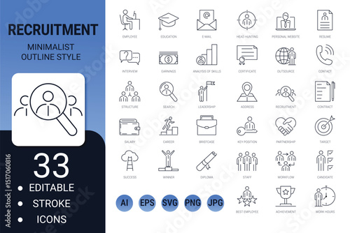 Recruitment and headhunting line icons – editable thin outline vector set featuring job interview, resume, career, and staff management