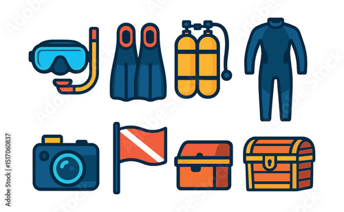 Flat vector icons of ocean exploration: diving mask, snorkel, flippers, oxygen tank, wetsuit, underwater camera, dive flag, treasure chest.