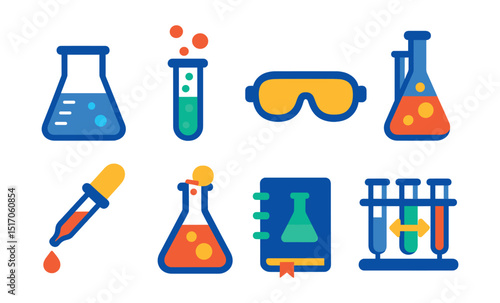 Flat vector icons of scientific experiments: lab beaker, test tube reaction, safety goggles, chemical reaction, pipette tool, lab notebook, experiment timer, controlled variables.