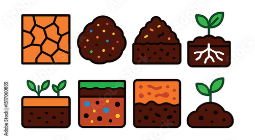 Flat vector icons of soil and earth: cracked earth, healthy soil, compost pile, underground roots, garden bed, mineral layer, earth texture, seedling in soil.