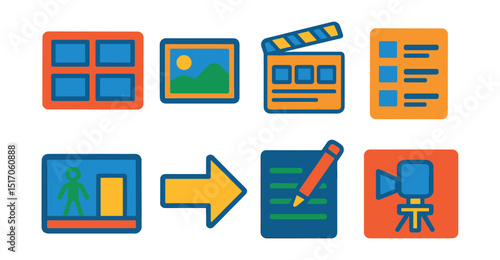 Flat vector icons of storyboard and planning: visual panel grid, scene thumbnails, storyboard icon, shot list, frame sketch, transition arrow, director’s notes, camera setup chart.