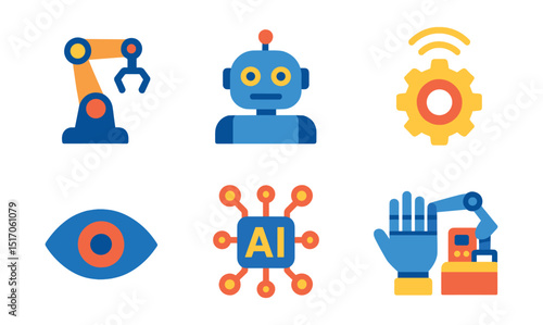 Flat vector icons of robotics and automation: robot arm, humanoid bot, automation gear, sensor grid, robot eye, AI process, robotic hand, assembly machine.