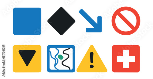 Flat vector icons of winter trail signs: blue square, black diamond, slope arrow, closed run, slow zone, ski area map, caution icon, patrol cross.