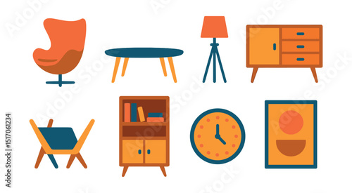 Flat vector icons of mid-century modern furniture: egg chair, coffee table, lamp with tripod legs, teak sideboard, magazine rack, bookshelf unit, vintage clock, wall art.
