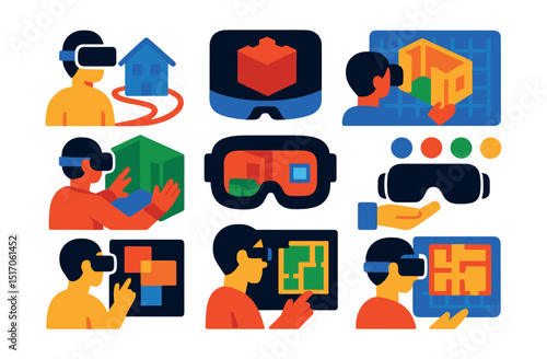 Flat vector icons of VR in architecture and design: walkthrough mode, 3D model view in VR, immersive blueprint, room scale modeling, interior preview in headset, material switcher, spatial layout,
