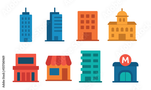 Flat vector icons of urban buildings: skyscraper, office tower, apartment block, city hall, shopping mall, café building, modern condo, metro station.