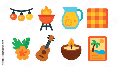 Flat vector icons of summer celebration: beach party lights, BBQ grill, lemonade pitcher, picnic blanket, tropical decor, ukulele, coconut candle, beach invitation.