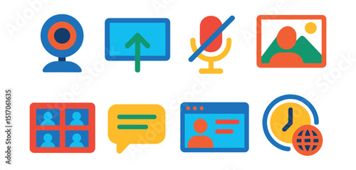 Flat vector icons of webinars and virtual events: webcam icon, screen share, mute/unmute, virtual background, participant grid, chat box, webinar platform, time zone icon.