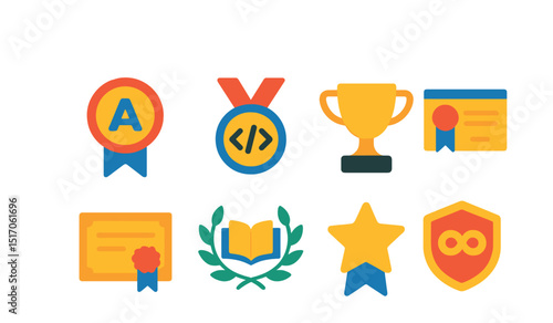 Flat vector icons of educational certification awards: language proficiency badge, coding bootcamp graduate medal, professional certification trophy, online course completion ribbon, workshop