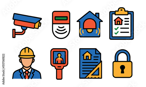 Flat vector icons of home security and inspection: CCTV camera, motion sensor, home alarm, property inspection checklist, inspector icon, thermal scanner, structural report, secure lock.