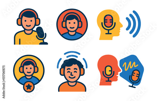 Flat vector icons of podcast hosts and personalities: host with mic, host portrait icon, branded voice icon, podcast voice symbol, signature host badge, animated voice icon, talking avatar, voice