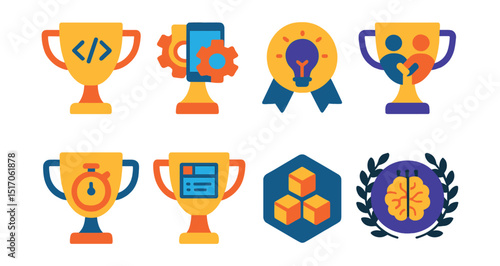 Flat vector icons of innovation hackathon trophies: coding sprint winner cup, best app project trophy, tech idea marathon badge, hackathon collaboration award, fastest solution development cup, UI/UX