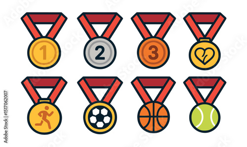 Flat vector icons of classic sports medals: gold medal for first place, silver medal for second place, bronze medal for third place, marathon finisher medal, soccer tournament champion medal,