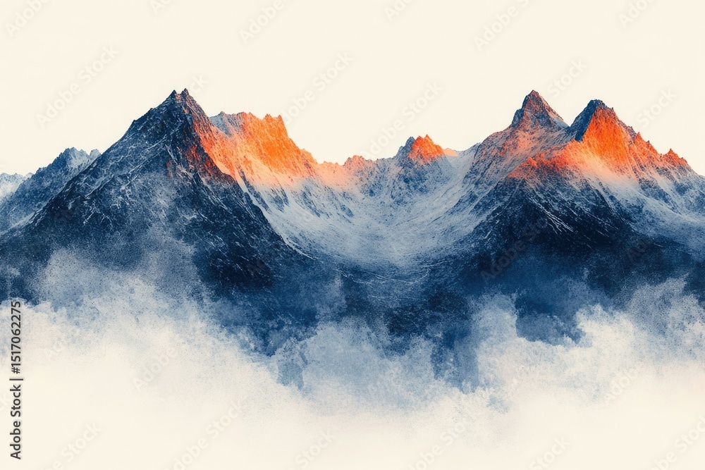 Obraz premium Majestic snow-capped mountains pierce through a sea of clouds, their peaks kissed by the warm glow of sunlight.