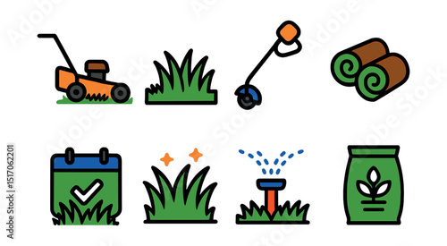Flat vector icons of lawns and turf care: lawnmower icon, green grass patch, edge trimmer, turf rolls, lawn care schedule, healthy grass icon, sprinkler head, grass fertilizer.