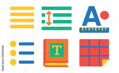 Flat vector icons of formatting and layout: paragraph alignment, text spacing, margin rulers, font selection, bullet points, style guide book, layout grid, page setup.