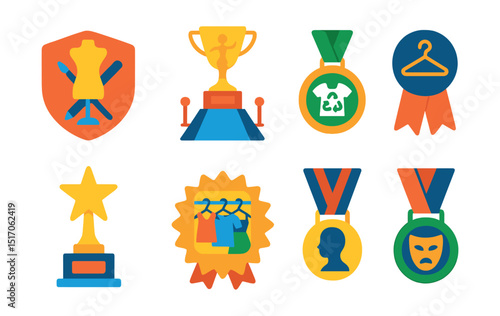 Flat vector icons of fashion competitions: fashion design challenge badge, best runway show trophy, sustainable fashion contest medal, styling competition ribbon, model of the year award star, best
