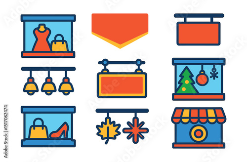 Flat vector icons of storefront windows and signage: window display icon, sale banner, storefront lights, signage board, hanging sign, glass window with products, seasonal decor, shop logo.