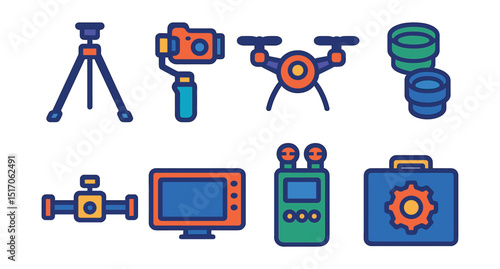 Flat vector icons of equipment and support tools: camera tripod, gimbal stabilizer, drone icon, lens kit, slider rail, video monitor, field recorder, gear case.