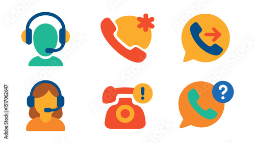 Flat vector icons of hotlines and emergency contact: phone support, hotline icon, emergency chat, quick contact icon, call center, urgent response, service line, help call.