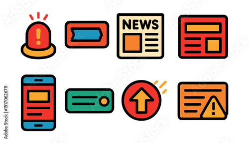 Flat vector icons of news and headlines: news alert, breaking news icon, newspaper front page, headline block, news app, top story banner, trending topic icon, urgent report.